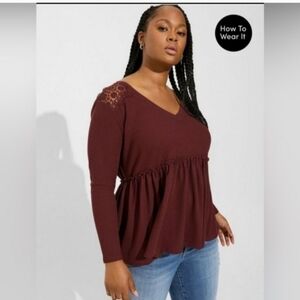 NWT Torrid Knit V-Neck Lace Inset Long Sleeve Babydoll, Sassafras